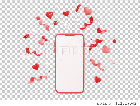 Mobile phone with confetti mockup. 3D cartoon render illustration of smartphone standing with empty white screen and flying white and red streamer and heart for congratulation or sale concept. Mobile phone with confetti mockup. 3D cartoon render illustration of smartphone standing with empty white screen and flying white and red streamer and heart for congratulation or sale concept. 112215042