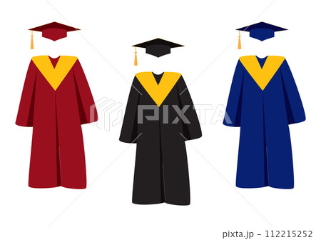 Graduate hats, academic squares or student caps and mantles in different colors. Set of flat isolated graduation ceremonial clothing on white. Jpeg illustration Graduate hats, academic squares or student caps and mantles in different colors. Set of flat isolated graduation ceremonial clothing on white. Jpeg illustration 112215252