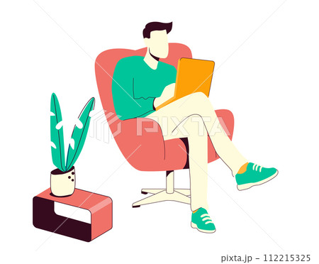 Man with laptop sitting on the chair. Freelance or studying concept. Working on laptop. Cute illustration in cartoon style. Green, yellow and pink colors. Man with laptop sitting on the chair. Freelance or studying concept. Working on laptop. Cute illustration in cartoon style. Green, yellow and pink colors. 112215325