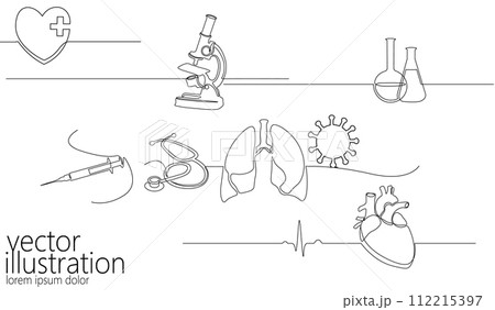 Single continuous line set science medicine microscope. Human heart lungs virus micro technology business design one sketch outline drawing vector illustration art 112215397
