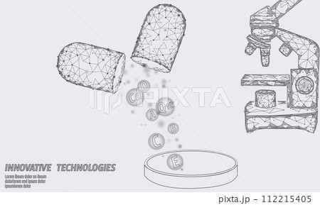 Multi vitamin complex low poly capsule. Health supplement skin care bodybuilding anti-aging pharmacy banner template. 3D coenzyme Q10, A, B, C, D. Medicine science vector illustration art 112215405
