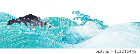 Japanese background with blue watercolor texture painting element vector. Oriental hand drawn natural wave pattern with ocean sea decoration banner design in vintage style. Marine template. 112215448