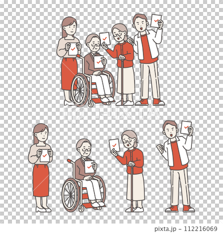 illustration of people holding ballot papers 112216069