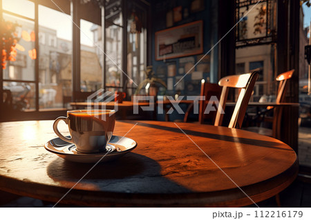 Coffee cup in coffee on table in cafe 112216179