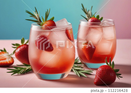 Summer drink. Refreshing soda or alcoholic cocktail with ice, rosemary and strawberry on pastel background. Summer drink. Refreshing soda or alcoholic cocktail with ice, rosemary and strawberry on pastel background. 112216428