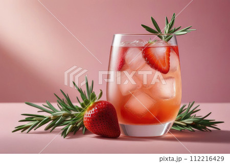 Summer drink. Refreshing soda or alcoholic cocktail with ice, rosemary and strawberry on pastel background. 112216429