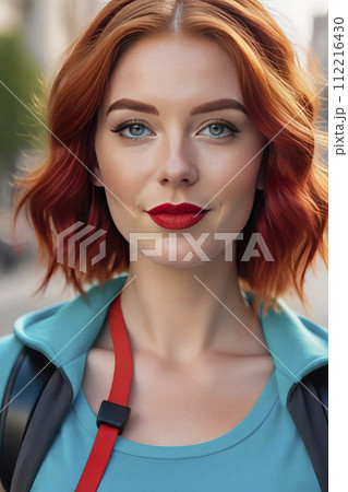 Closeup portrait young woman blue eyes red hair walking and listening to playlist music with wireless headphones in the city modern. Closeup portrait young woman blue eyes red hair walking and listening to playlist music with wireless headphones in the city modern. 112216430