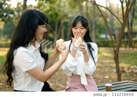 Two cheerful female colleagues enjoying sandwich during lunch break outdoor 112216650