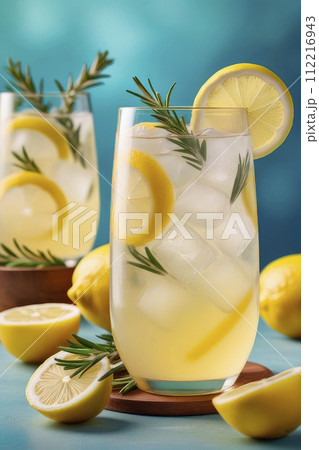 Summer drink. Refreshing lemonade or alcoholic cocktail with ice, rosemary and lemon slices on pastel background. 112216943