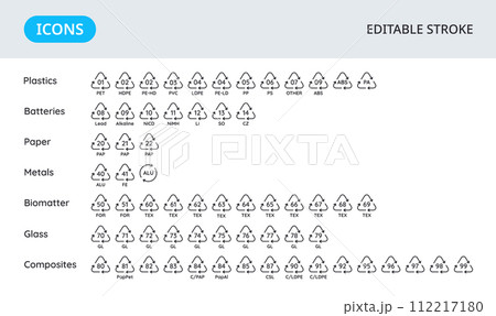 Recycling codes icons. Ecological materials symbols. Identification of signs for packaging. Collection of elements on a white background. Editable stroke. Recycling codes icons. Ecological materials symbols. Identification of signs for packaging. Collection of elements on a white background. Editable stroke. 112217180