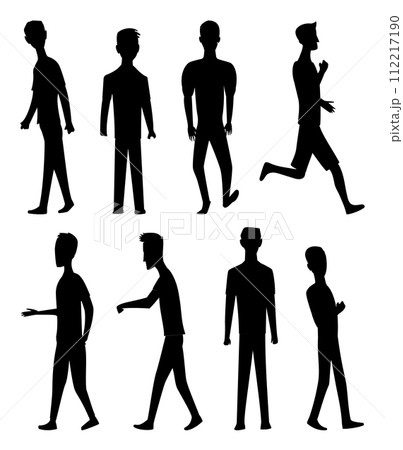 Silhouettes of a man, isolated icon in various poses, different forms and positions. Active people. Jpeg Illustration 112217190