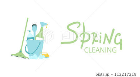 Spring cleaning banner template. Equipment elements for wash home with lettering background. Housework concept. Bucket, gloves and mop spray various tools. Vector flat illustration 112217219