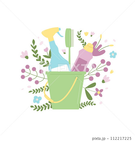 Bucket with brushes and bottles for cleanup. Cleaning tools and aroma flowers isolated on white background. Washing concept Vector flat illustration 112217225