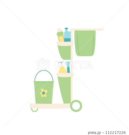 Cleaning cart. Equipment elements for wash home isolated on white background. Housework concept. Bucket, spray various tools. Vector flat illustration 112217226