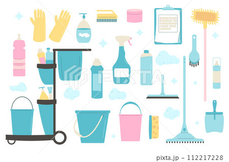 Cleaning home set. Equipment elements for wash house isolated on white background. Housework service concept. Bucket, gloves and mop spray bottle various tools. Vector flat illustration 112217228