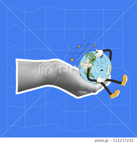Earth hurt retro mascot in collage hand. Sick planet cartoon character template for holiday banner. Climate change and ecological problems. Vector illustration. 112217232