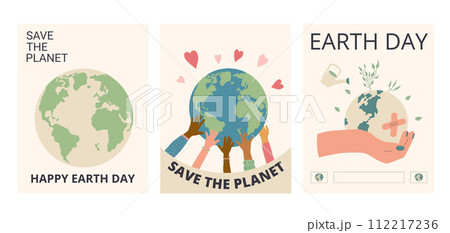 Happy Earth day banners set. Save the planet retro posters. Collections templates for holiday design. Vector flat illustration Happy Earth day banners set. Save the planet retro posters. Collections templates for holiday design. Vector flat illustration 112217236