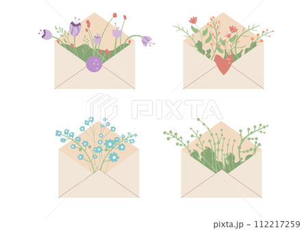 Envelope with flowers bouquet set. Spring elements set isolated on white background. Vector flat illustration 112217259