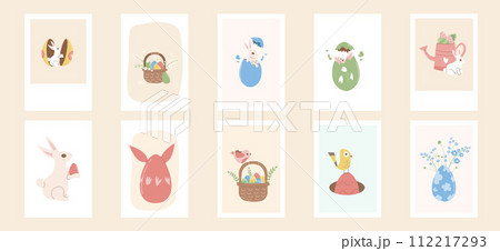 Happy Easter posters set templates. Rabbit with eggs, flowers vertical banners. Spring holiday greeting cards collection. Vector flat collection illustration 112217293