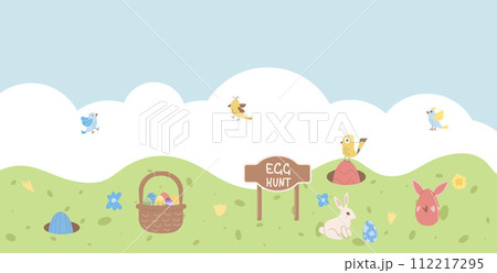 Easter egg hunt plan poster template. Map meadow with rabbit and egg banner. Spring holiday greeting card. Vector illustration 112217295
