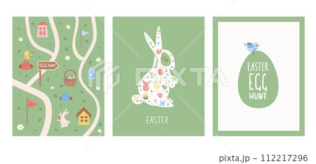 Easter egg hunt posters set templates. Rabbit with eggs basket and flowers vertical banners. Spring holiday greeting cards collection. Vector flat illustration 112217296