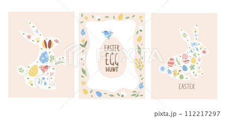 Easter egg hunt posters set templates. Rabbit silhouette with eggs and frame beige vertical banners. Spring holiday greeting cards collection. Vector flat illustration 112217297