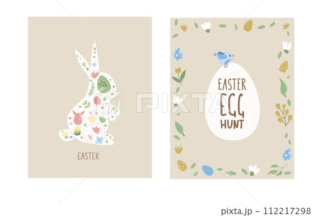 Easter egg hunt posters set templates. Rabbit with eggs beige vertical banners. Spring holiday greeting cards collection. Vector flat illustration 112217298
