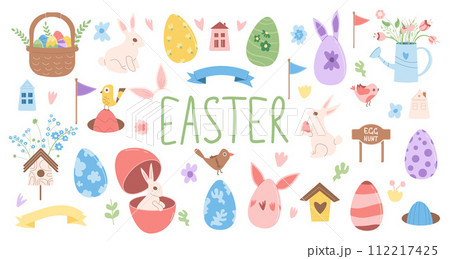 Easter egg hunt elements set. Spring holiday party collection. Eggs, basket and bunny with flowers item. Vector flat illustration. 112217425
