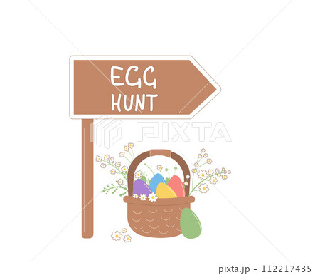 Easter eggs hunt event elements. Basket of eggs near tablet. Spring holiday party symbol with text. Celebration with entertainment. Vector flat illustration Easter eggs hunt event elements. Basket of eggs near tablet. Spring holiday party symbol with text. Celebration with entertainment. Vector flat illustration 112217435