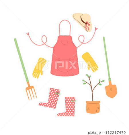 Growing gardening concept on white background. Spring horticulture equipment. Planting and work in backyard cover. Apron with gloves and rubber boots and tree sapling. Vector flat illustration 112217470