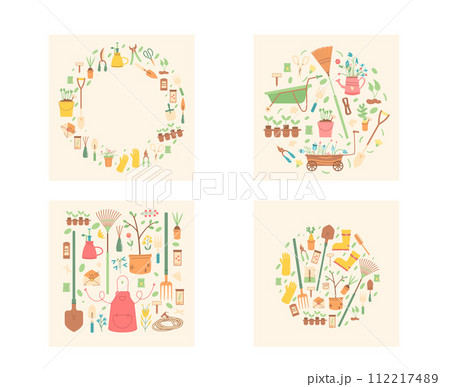 Gardening tools set of round and rectangle compositions. Agriculture round frame and square cards. Spring horticulture equipment. Seeds, shovel and sample, argon. Vector flat illustration 112217489