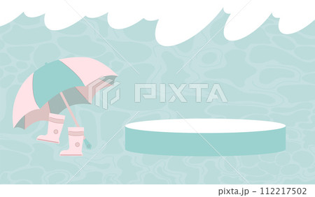Monsoon season banner template. Platform for product advertising flyer offer. Umbrella and rubber bots on windy and rainy background. Vector flat illustration 112217502