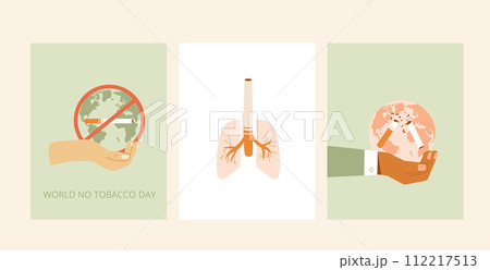 World no tobacco day cards set. Stop smoking banner. Cigarette and forbidden sign awareness. Vector World no tobacco day cards set. Stop smoking banner. Cigarette and forbidden sign awareness. Vector 112217513