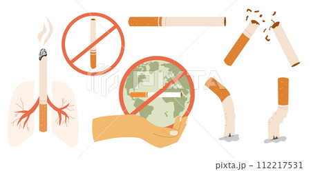 Stop smoking set. Cigarettes forbidden sign, hand, planet Earth and lung. National non smoking week. 112217531