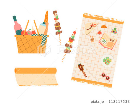 Bbq picnic set. Spring grill basket, blanket and wine elements isolated on white background. Summer cookout day meal in park or backyard. Vector flat illustration 112217538