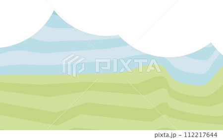 Spring background. Holiday retro abstract banner template with grass sky and cloud . Card with decoration. Vector simple illustration 112217644