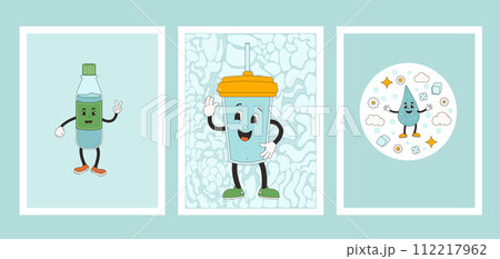 Water banner set . Posters with retro drop characters. World water day Ecology holiday banner with rubber hose mascot. Vector flat illustration 112217962