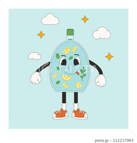 Water with oranges flavoured bottle banner set . Posters with retro drop characters. World water day Ecology holiday banner with rubber hose mascot. Vector flat illustration 112217963