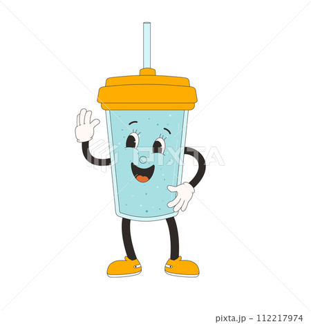 Water glass retro cartoon mascots. Drink rubber hose animation style groovy characters. Drink more water. Ecologic and wellness vector flat illustration isolated on white background 112217974