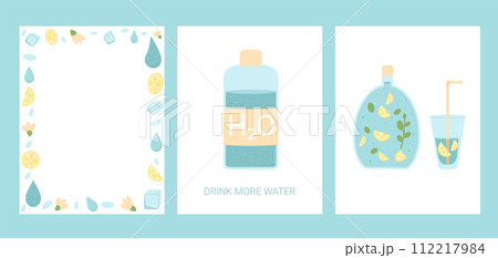 Drink more water card set. Soft sparkling beverages banner and frame collection. Stay hydrated. Plastic free, glass only. Vector flat illustration 112217984