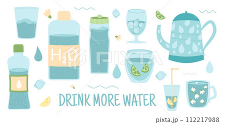 Water in different containers set isolated on white background. Fresh clean beverages with sparkling and still. Drink more water. Stay hydrated. Vector flat illustration Water in different containers set isolated on white background. Fresh clean beverages with sparkling and still. Drink more water. Stay hydrated. Vector flat illustration 112217988