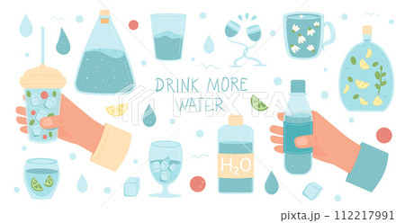 Drink more water in different containers set isolated on white background. Fresh clean beverages sparkling and still with fruit flavour. Stay hydrated. Vector flat illustration 112217991