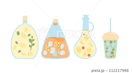 Homemade soft drink set isolated on white background. Juice, water and lemonade bottles, flask and glass. Fresh sour and sweet beverage with berries, ice and fruits and green tea. Vector illustration 112217998