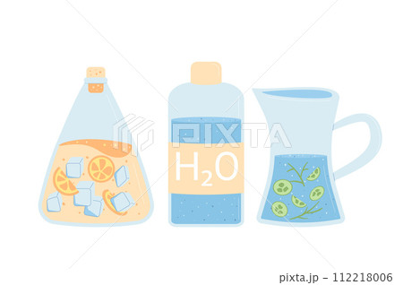 Water and soft drink set isolated on white background. Juice in bottles and jug. Fresh sour and sweet beverage with orange, ice and cucumber. Vector flat illustration Water and soft drink set isolated on white background. Juice in bottles and jug. Fresh sour and sweet beverage with orange, ice and cucumber. Vector flat illustration 112218006