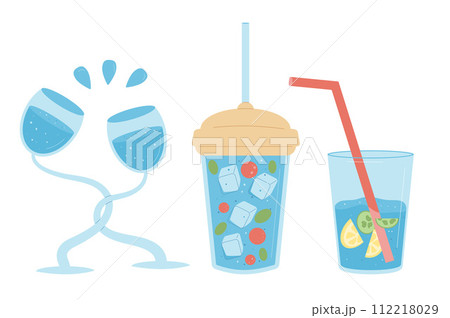 Water and soft drinks glasses set isolated on white background. Fresh summer beverages. Vector flat illustration 112218029