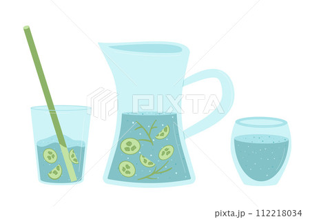 Jug and glasses of cucumber water. Homemade soft drink isolated on white background. Fresh summer cold beverage. Vector flat illustration Jug and glasses of cucumber water. Homemade soft drink isolated on white background. Fresh summer cold beverage. Vector flat illustration 112218034