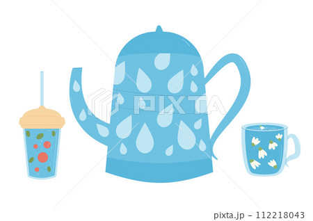 Kettle and glass with cup of water isolated on white background. Stay hydrated. Fresh clean drink. Aqua healthy cold beverage with flavour of flower and berries. Stay hydrated. Vector flat Kettle and glass with cup of water isolated on white background. Stay hydrated. Fresh clean drink. Aqua healthy cold beverage with flavour of flower and berries. Stay hydrated. Vector flat 112218043