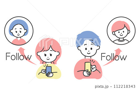SNSでフォローしている男女のイラスト SNSでフォローしている男女のイラスト 112218343