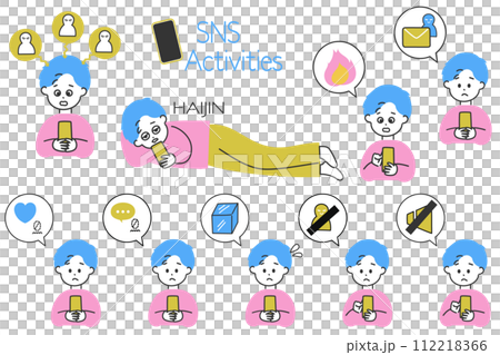 Convenient for creating illustrations of SNS operation! A set of men who are worried about SNS and speech bubble icons 112218366