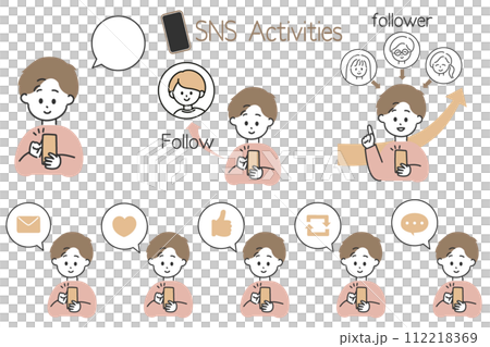 方便創作SNS操作的插圖！一組語音氣泡圖標，其中男性享受 SNS 112218369